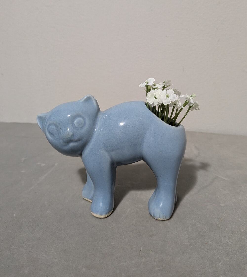 Vintage McCoy Morton Ceramic Blue Cat Planter Vase Arched MCM Kitten 1950s